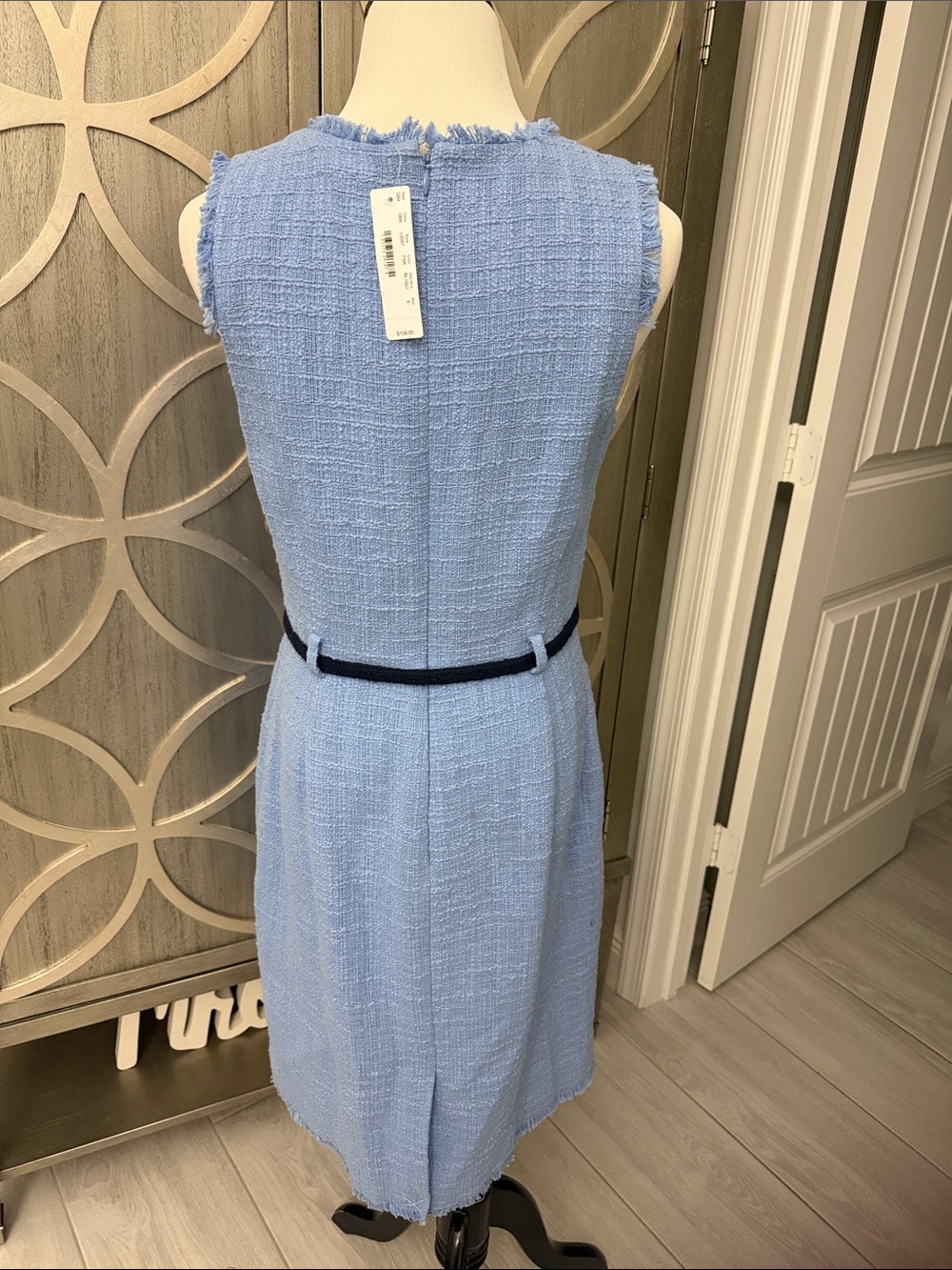 J.Crew Tweed Sleeveless Light Blue Textured Sheath Dress with Tie Belt - Picture 6 of 7